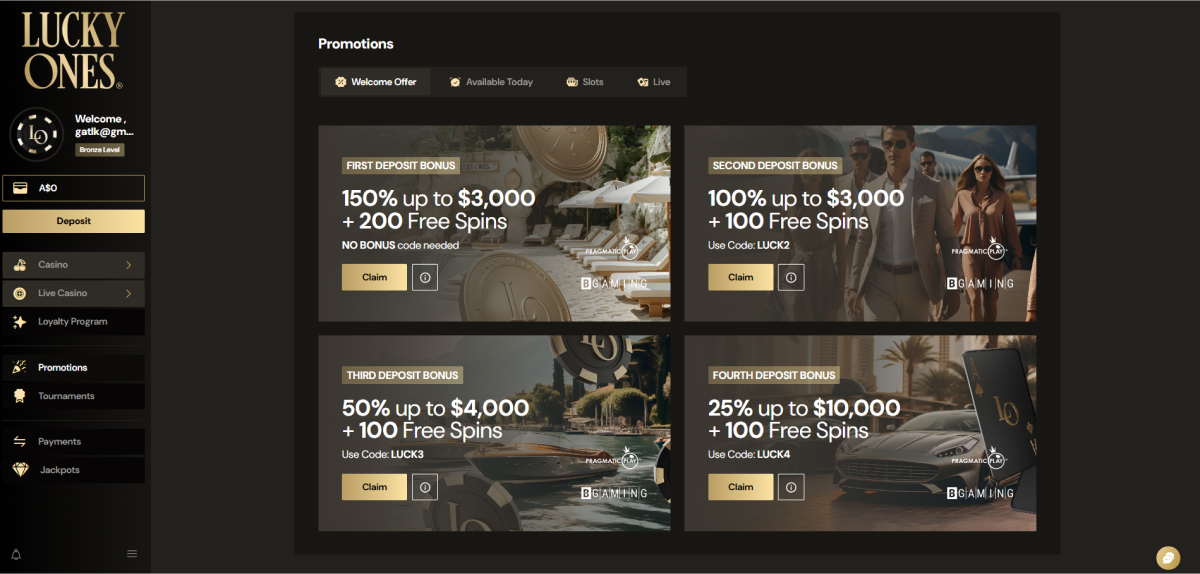 Bonuses and promotions at Lucky Ones casino