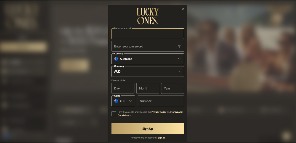 Registration at Lucky Ones сasino